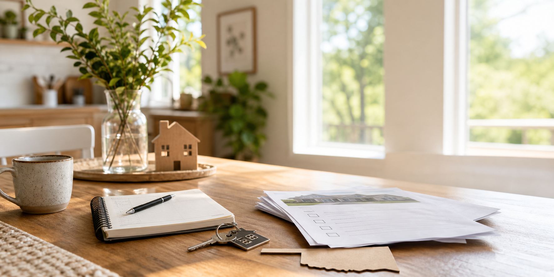 A welcoming Oklahoma home table with keys, worksheets, and a teaching notebook